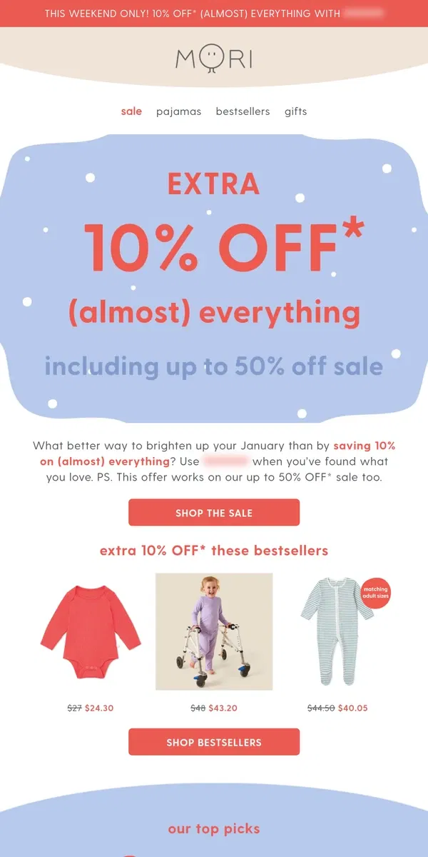 Email from MORI. Limited offer: 10% off (almost) everything 💙