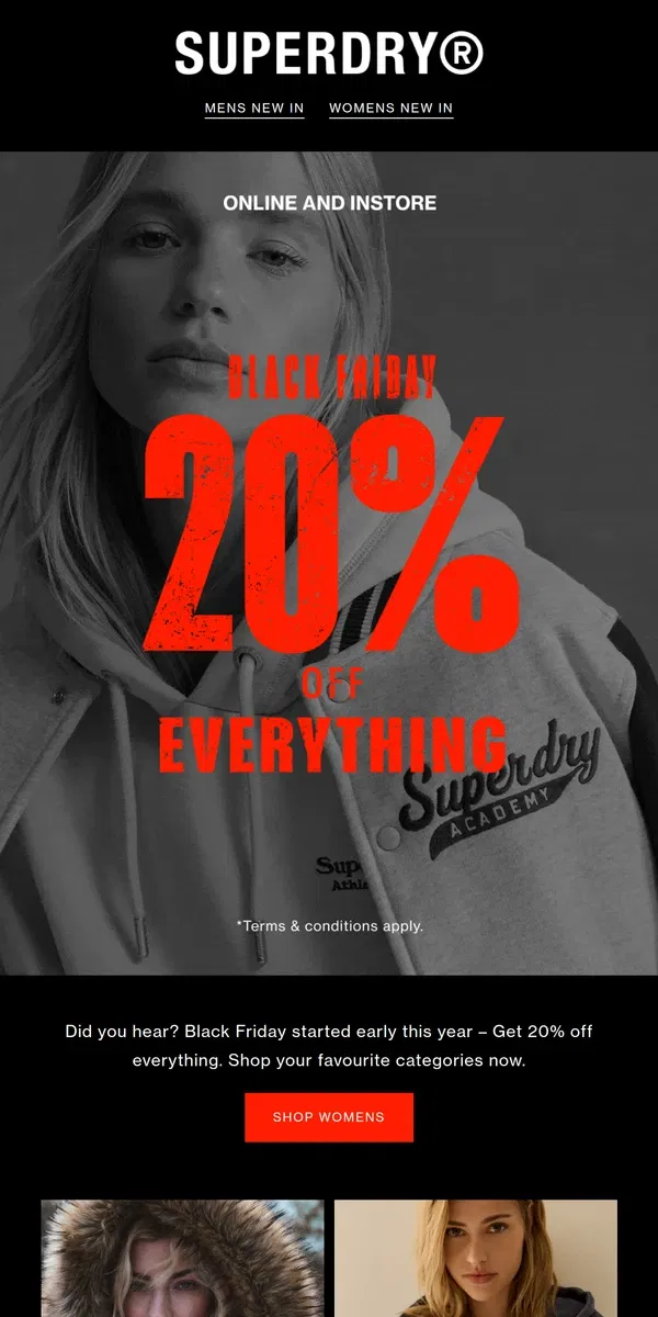 Email from Superdry. Black Friday: Get 20% off EVERYTHING