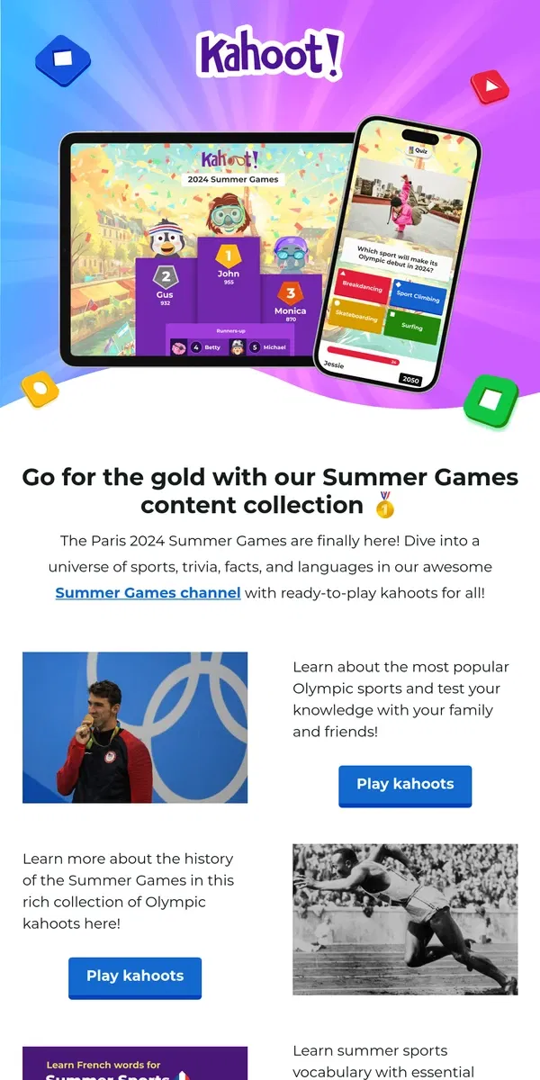 Email from Kahoot!. Host awesome Summer Games get-togethers with Kahoot! 🏅