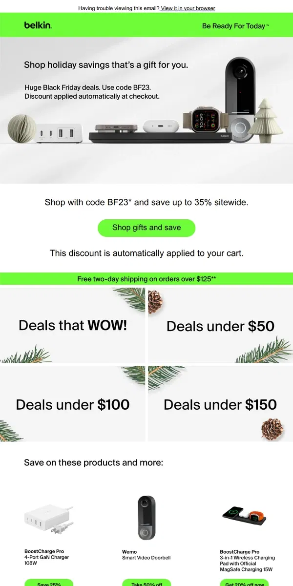 Email from Belkin. A gift list designed with your budget in mind