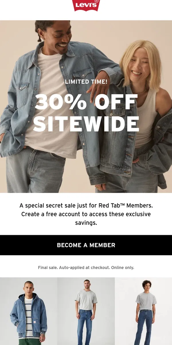 Email from Levi's. Red Tab™ exclusive: 30% off