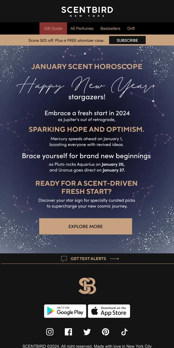 Email from Scentbird. New Year, New January Scent Horoscope