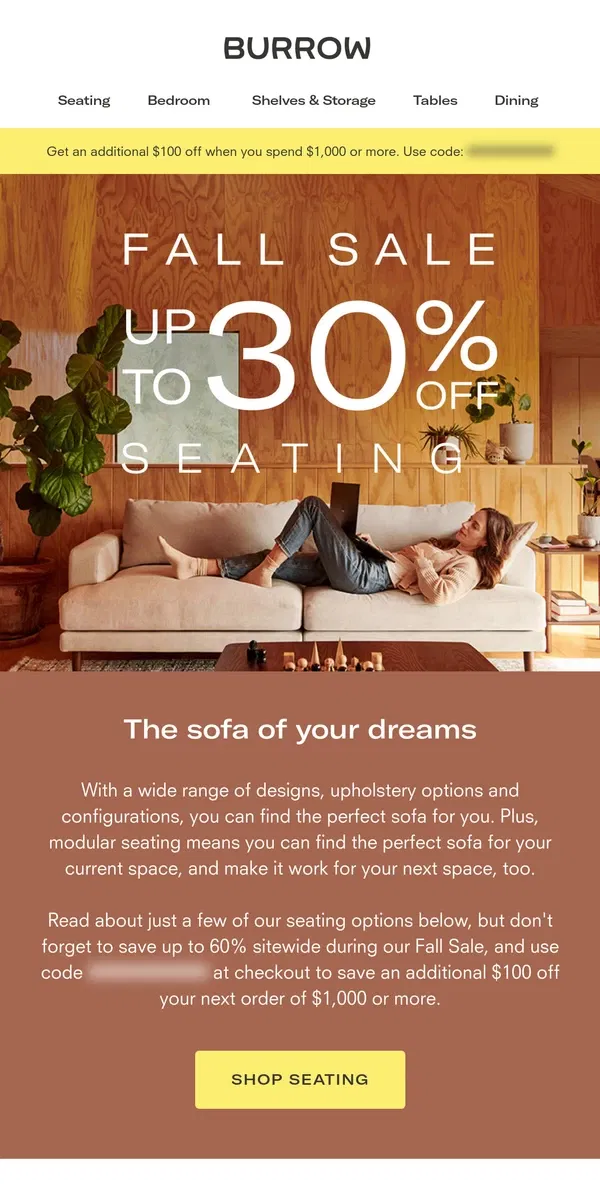 Email from Burrow. Save on the seating you need for a cozy Fall