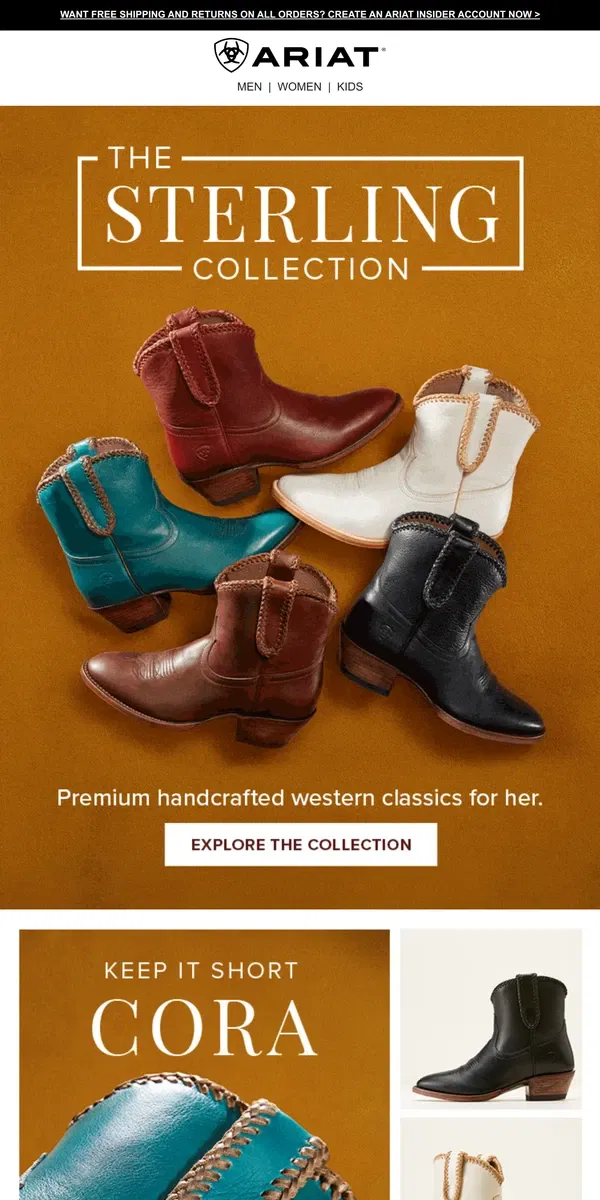 Email from Ariat. New Premium Boots, Handcrafted for Her