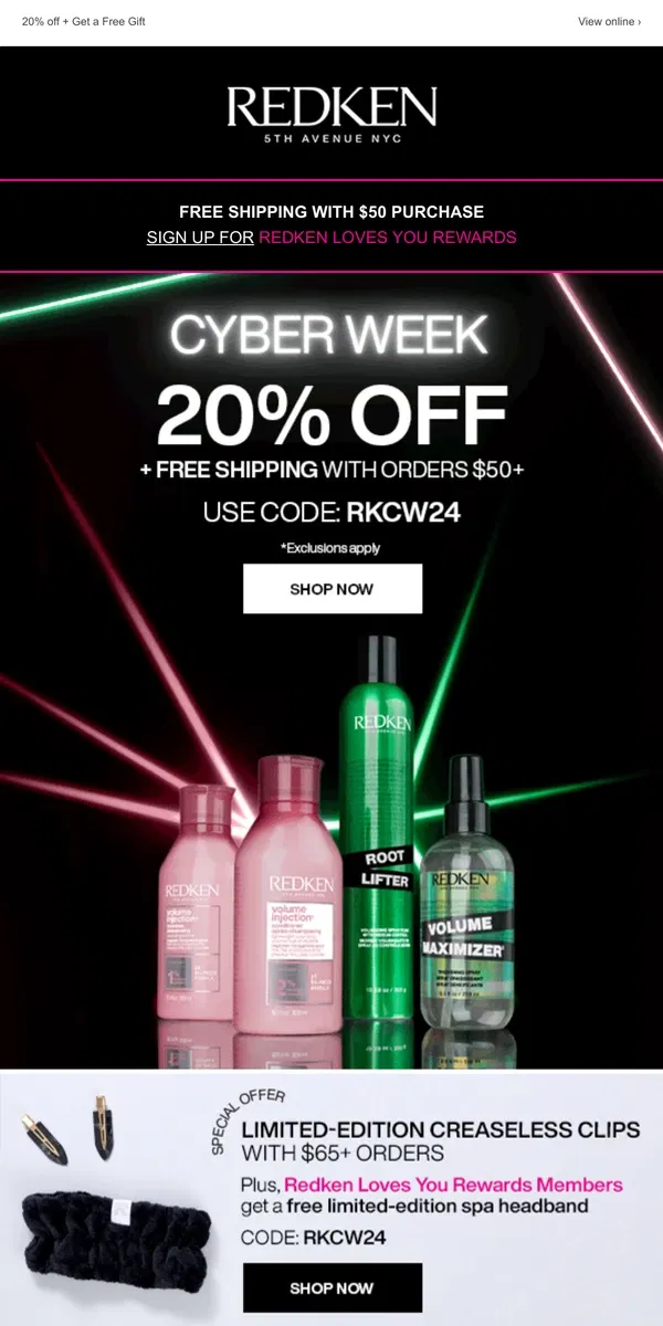 Email from Redken. 20% off $50+! Cyber Week Starts Now