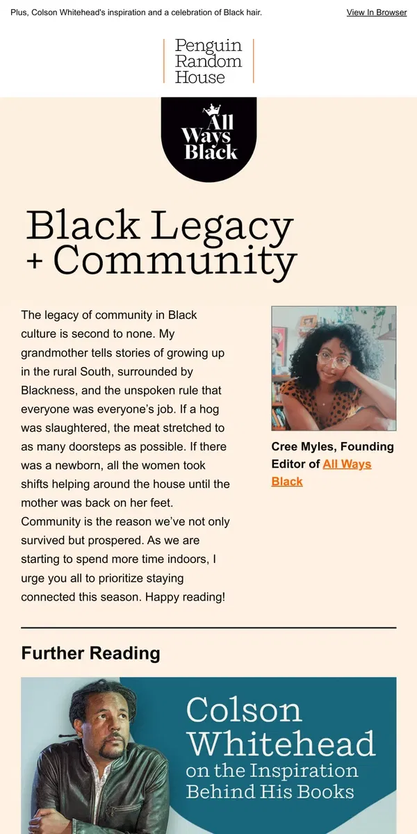 Email from Penguin Random House. All Ways Black on the Importance of Community