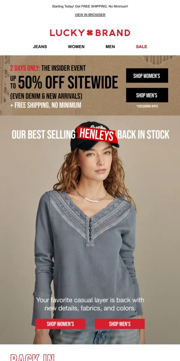 Email from Lucky Brand. Our Most Popular Henleys + Up To 50% Off