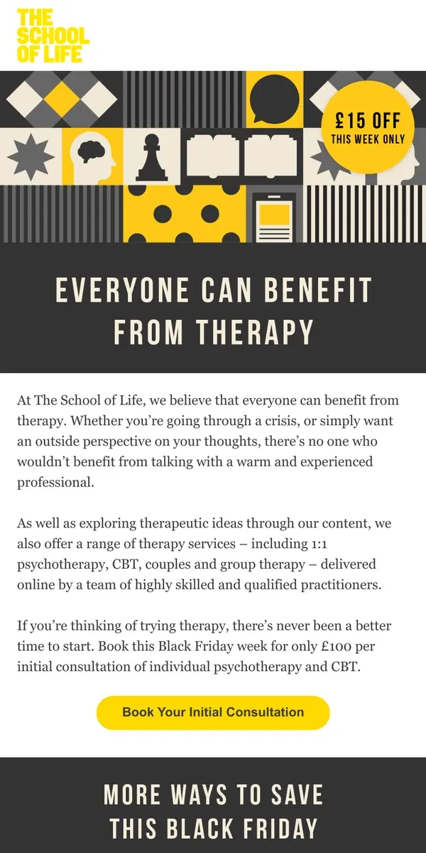 Email from The School of Life. Try 1:1 online therapy for less this week only