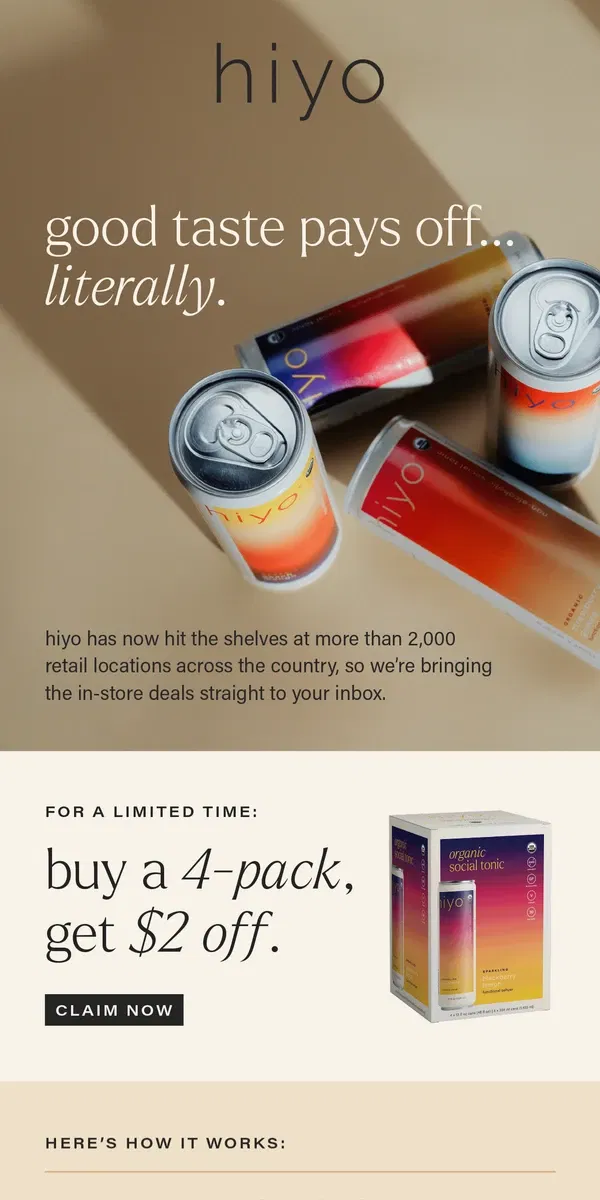 Email from hiyo. a 4-pack for you, $2 for your pocket.