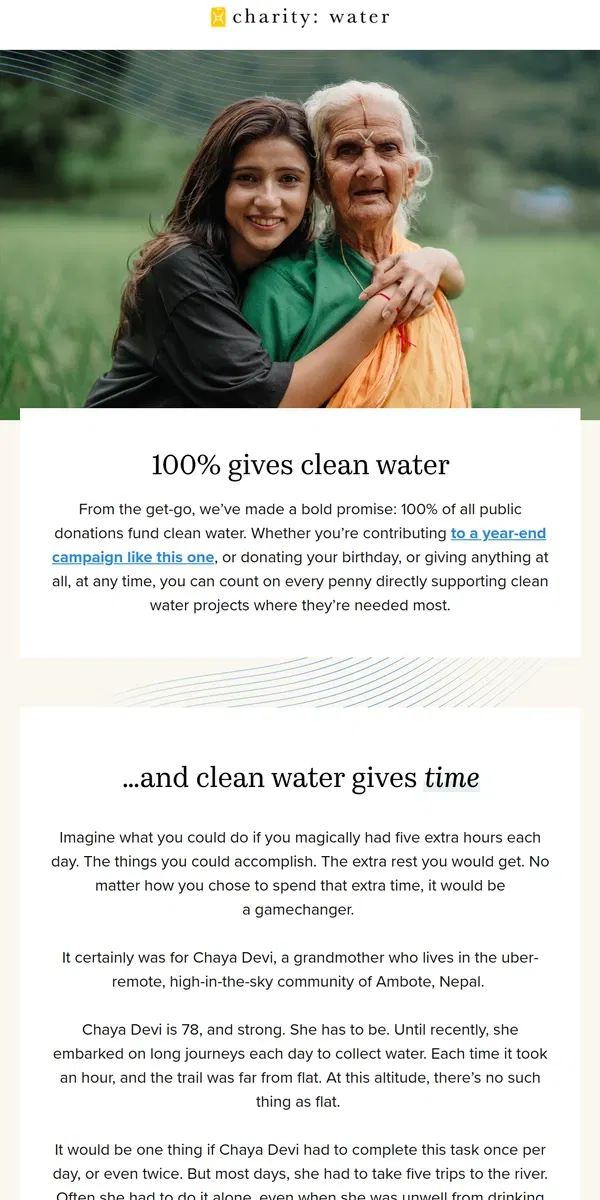 Email from charity: water. 100% gives time