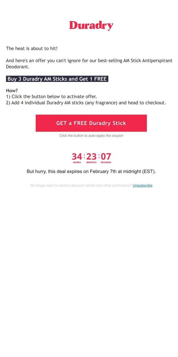 Email from Duradry. Buy 3 sticks, get ONE FREE