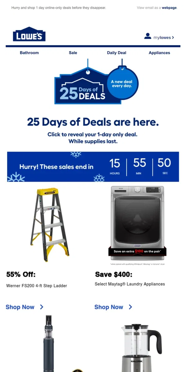 Email from Lowe's. LIMITED TIME deals, just for today.