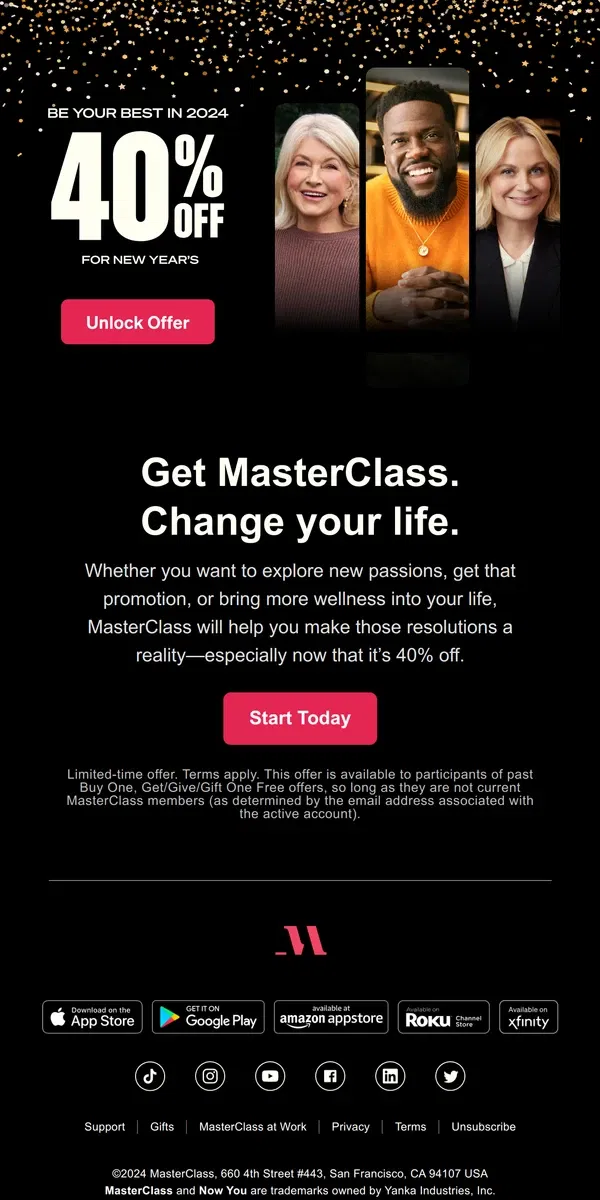 Email from Masterclass. Looking to change your life in 2024? Get 40% off MasterClass