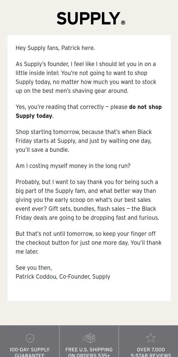 Email from Supply. Don’t Shop With Us Today