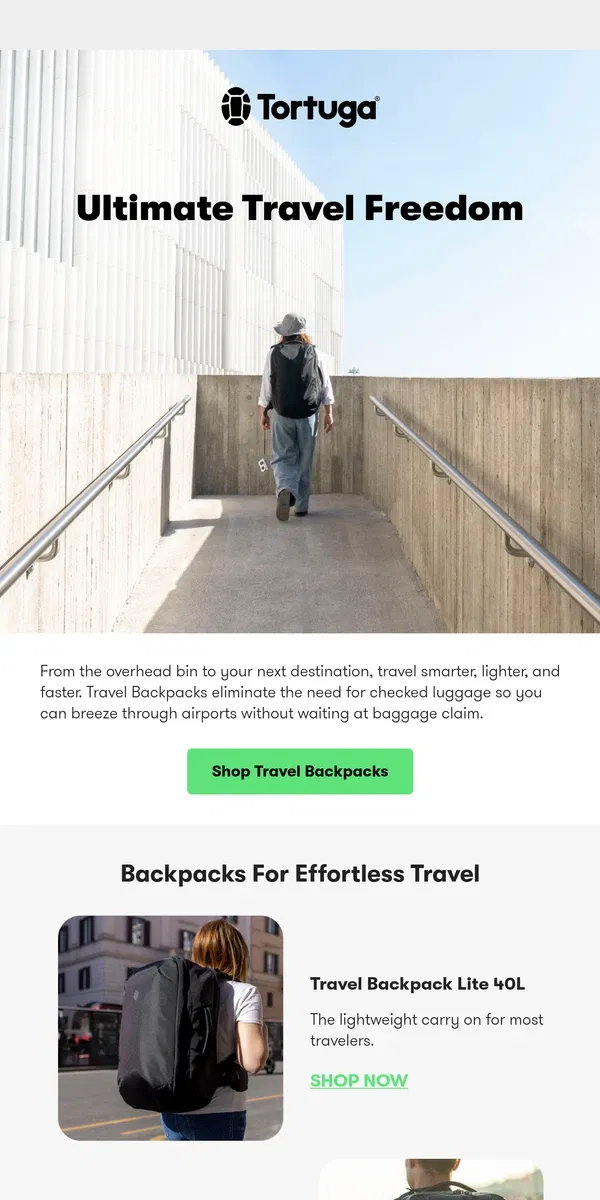 Email from Tortuga Backpacks. Travel smarter, lighter, and faster.