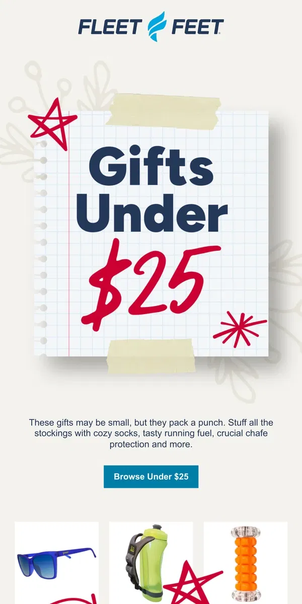 Email from Fleet Feet. Gifts under $25