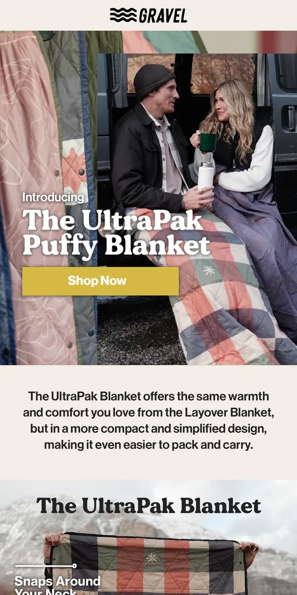 Email from Gravel. NEW! The Most Packable Blanket Ever