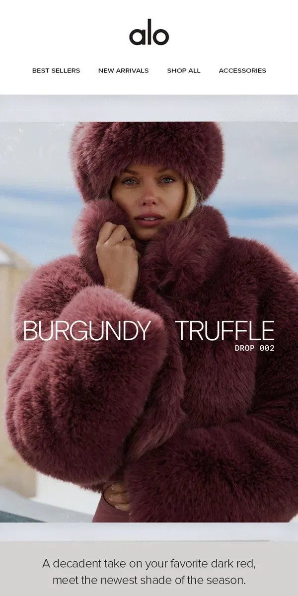 Email from Alo Yoga. NEW DROP: Burgundy truffle