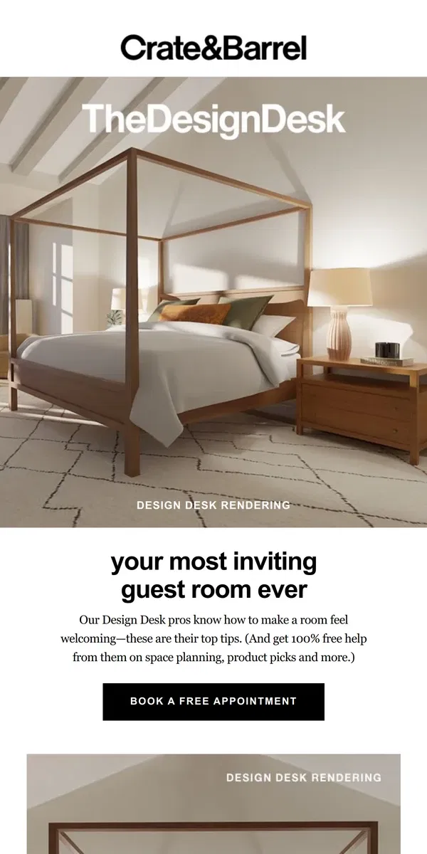 Email from Crate & Barrel. We’ve got tips for your best guest room EVER →