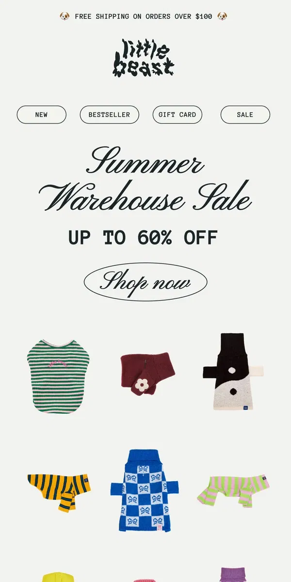 Email from Little Beast. Summer Warehouse Sale: Up to 60% Off