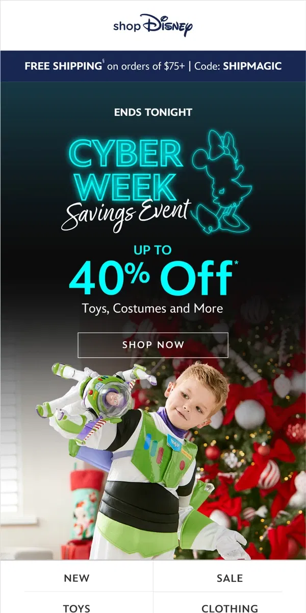 Email from shopDisney. Ends tonight! Up to 40% Off Toys, Costumes and more