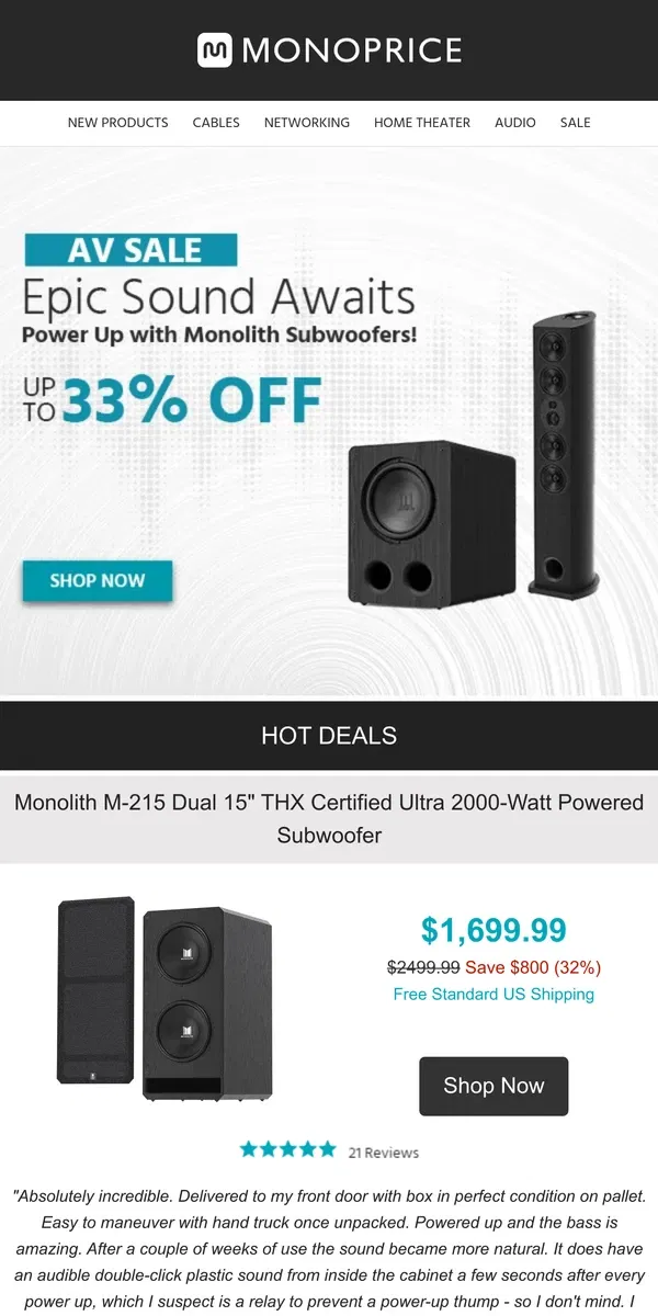 Email from Monoprice. Monolith Sale Up to 33% Off | Speakers & Subwoofers