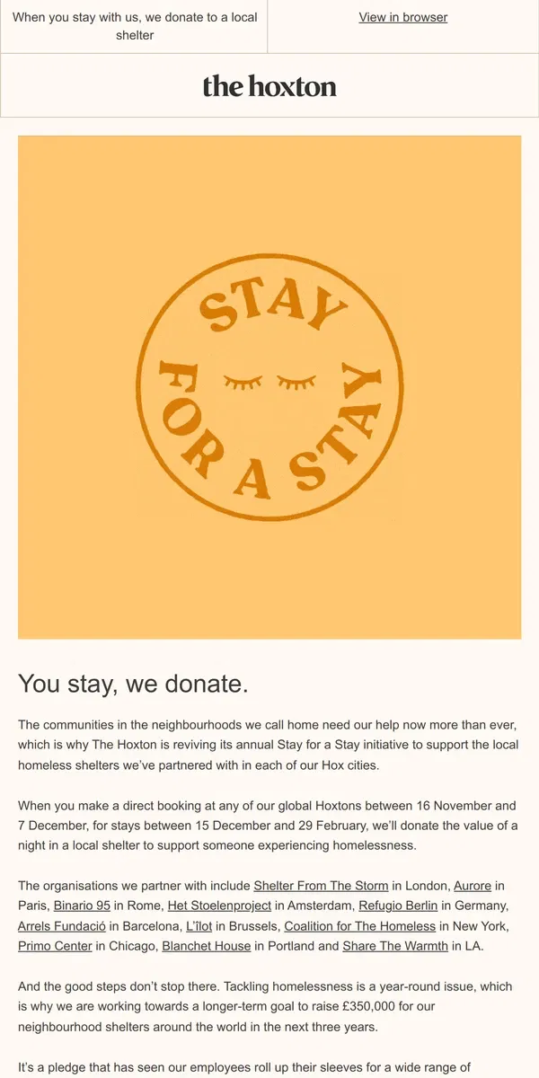 Email from The Hoxton. Stay for a Stay: help the homeless this winter