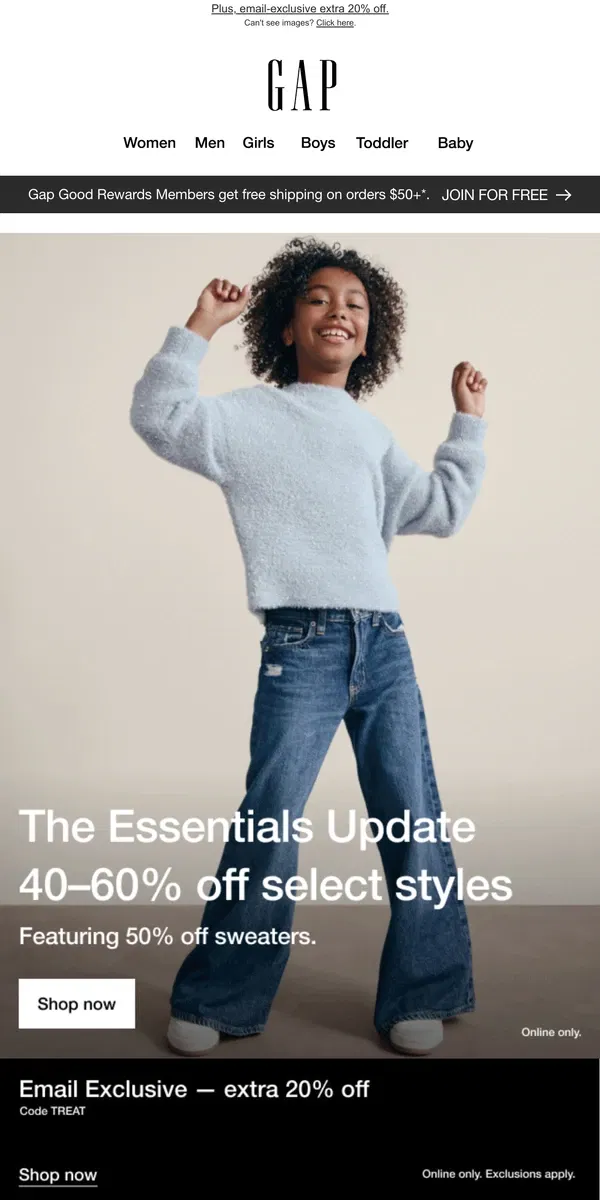 Email from GAP. 50% off so many sweaters | 40–60% off more