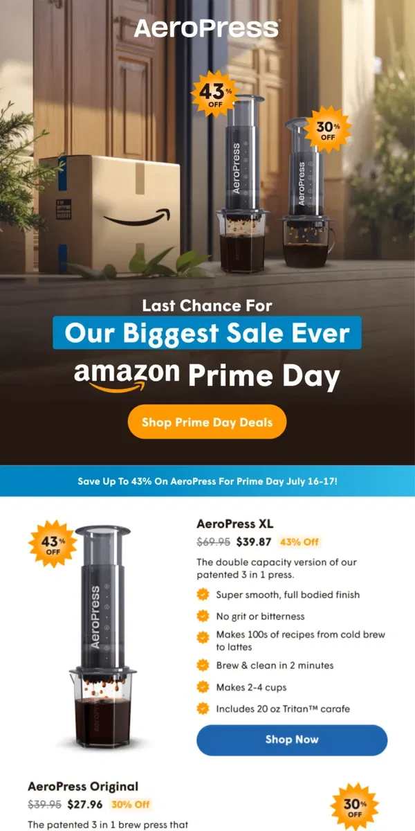 Email from AeroPress. Prime Day Sale Ends Today! 👀