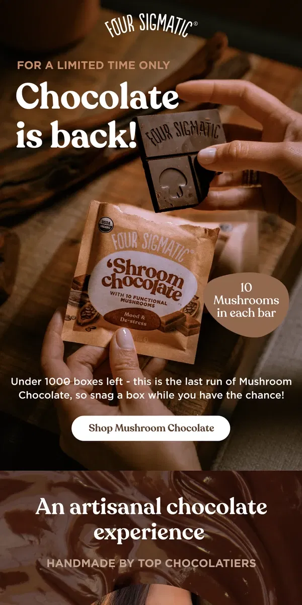 Email from Four Sigmatic. LAST RUN for Mushroom Chocolate