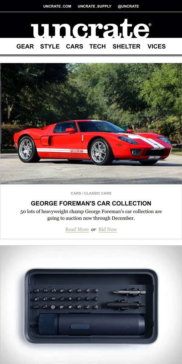 Email from Uncrate. George Foreman's Car Collection & more