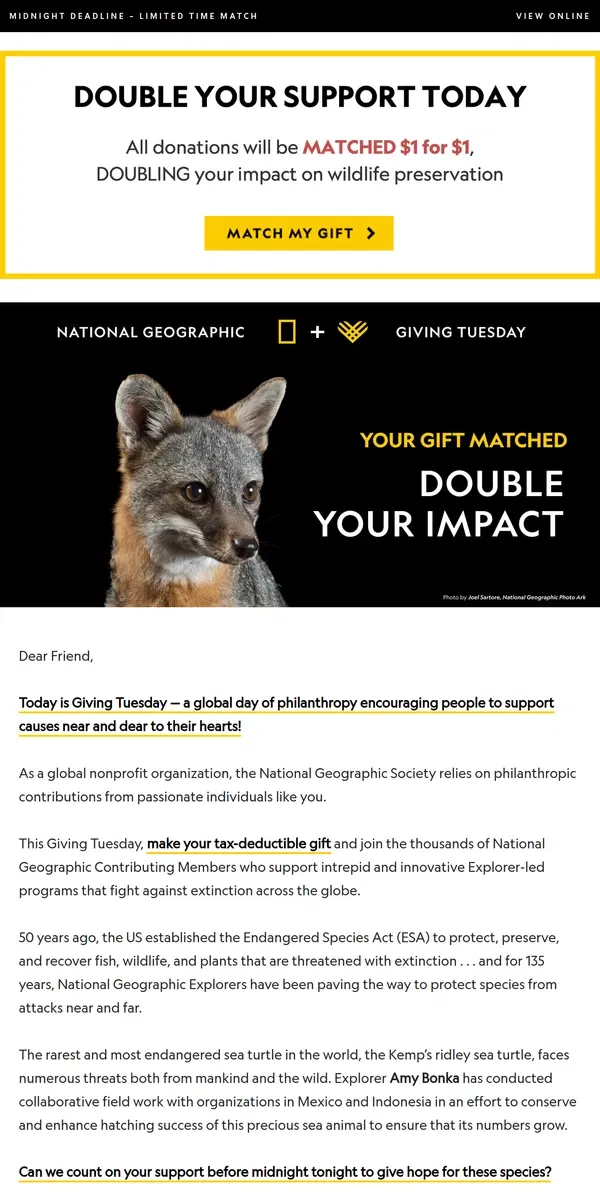 Email from National Geographic. DOUBLE your impact this Giving Tuesday with a 2X Match