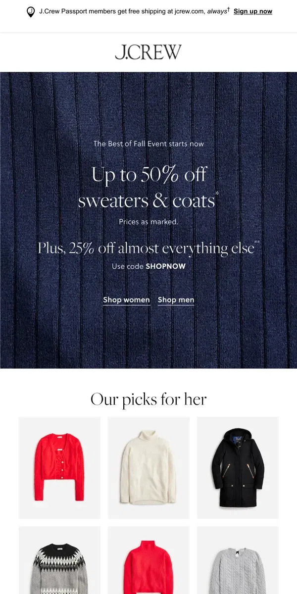 Email from J.Crew. Starts now: up to 50% off sweaters & coats