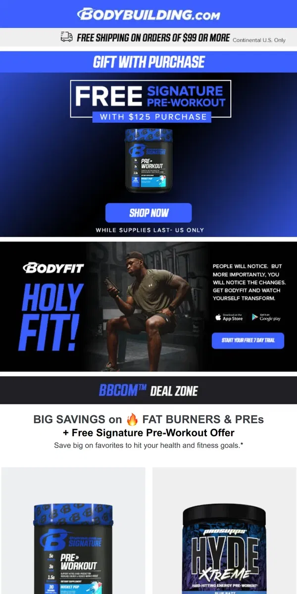 Email from Bodybuilding.com. BIG SAVINGS on 🔥 Fat Burners & Pre-Workouts!