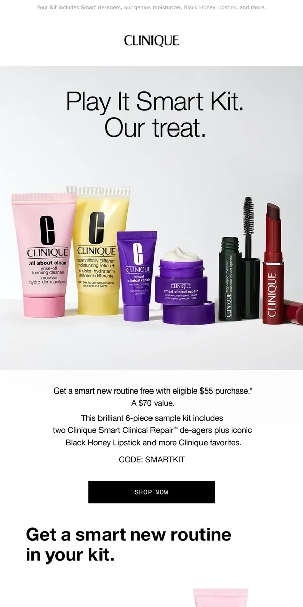 Email from Clinique. Smart move. Get your free Play It Smart Kit with $55 order.