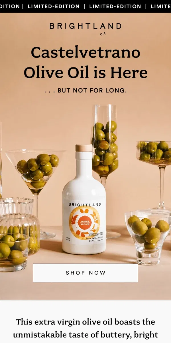 Email from Brightland. NEW: Castelvetrano Olive Oil is Here 🫒