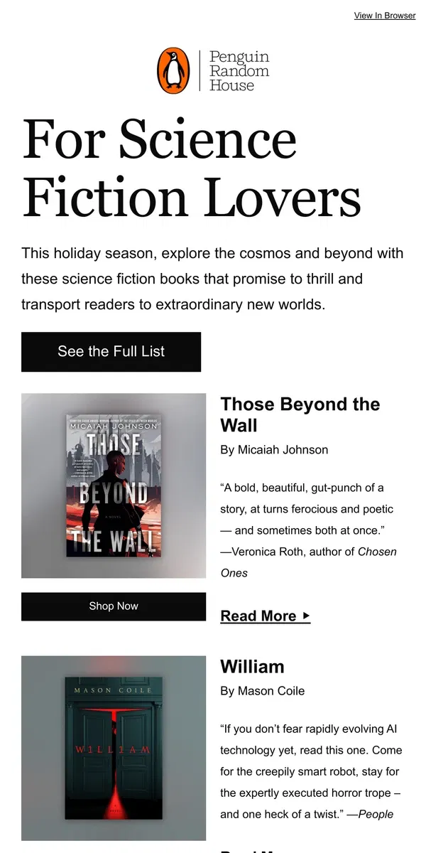 Email from Penguin Random House. Science Fiction Books To Give This Holiday Season