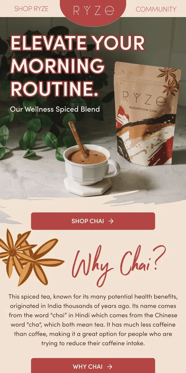 Email from RYZE Mushroom Coffee. Ancient superfoods, 1 perfect blend