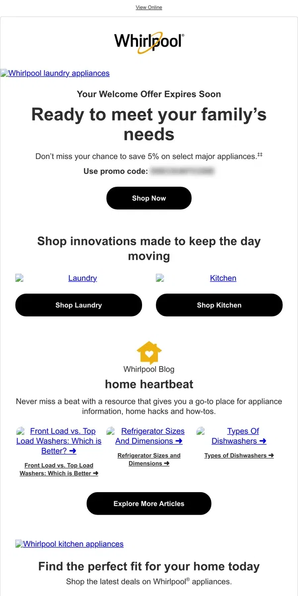 Email from Whirlpool. Don't forget to use your special offer!