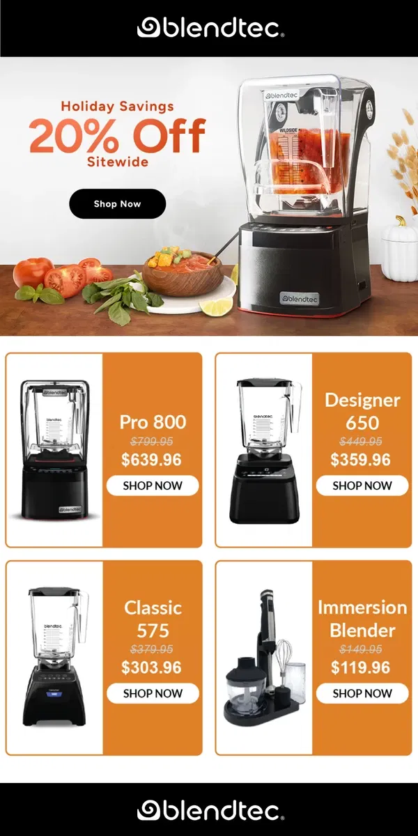 Email from Blendtec. 20% Off Sitewide Sale!