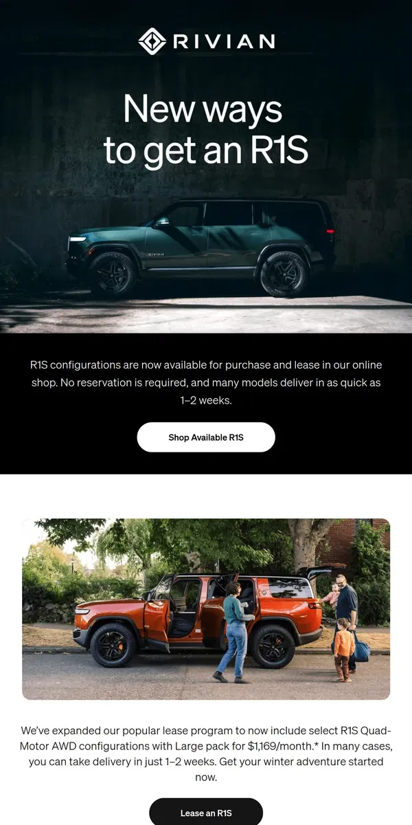 Email from Rivian. R1S configurations now available in our online shop