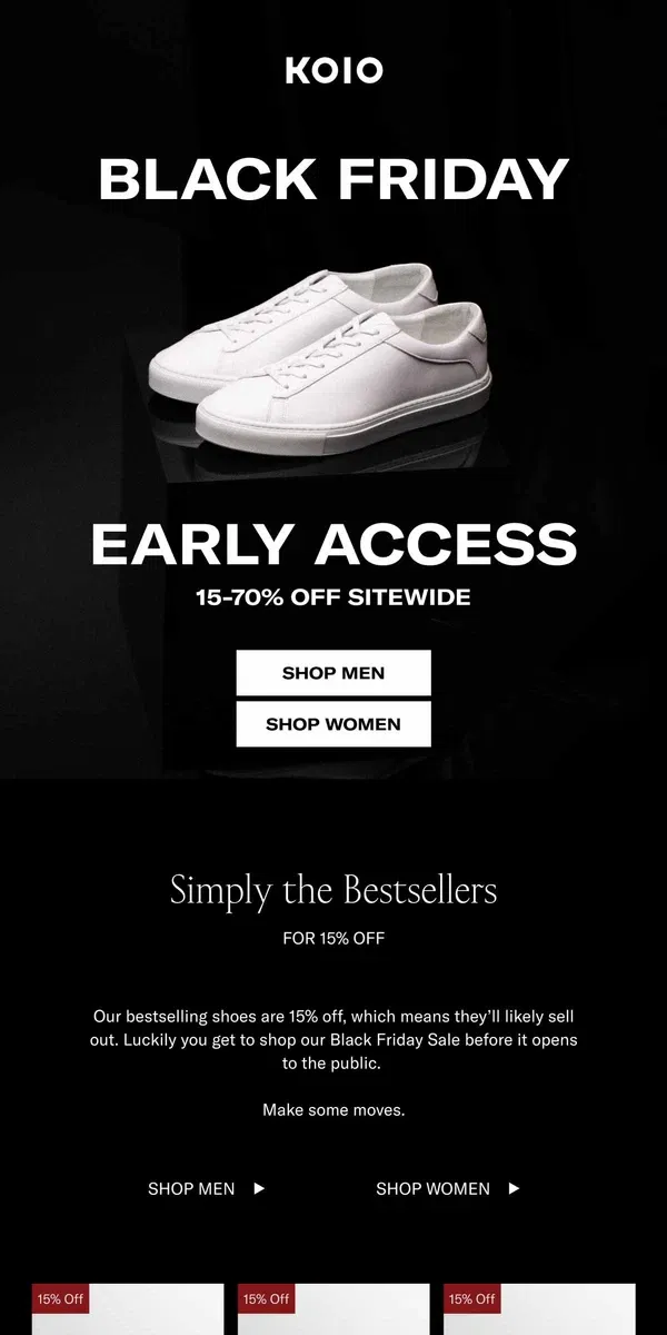 Email from Koio. Early Access: Bestsellers are now 15% off.