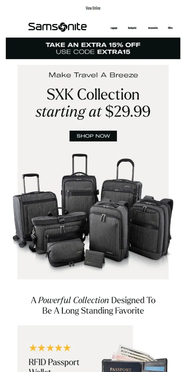 Email from Samsonite. SXK Collection Starting at $29.99 + Extra 15% Off