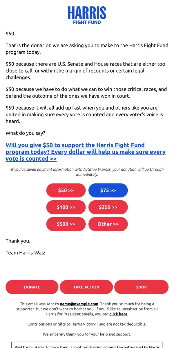 Email from Kamala Harris. Just $50 to support the Harris Fight Fund program