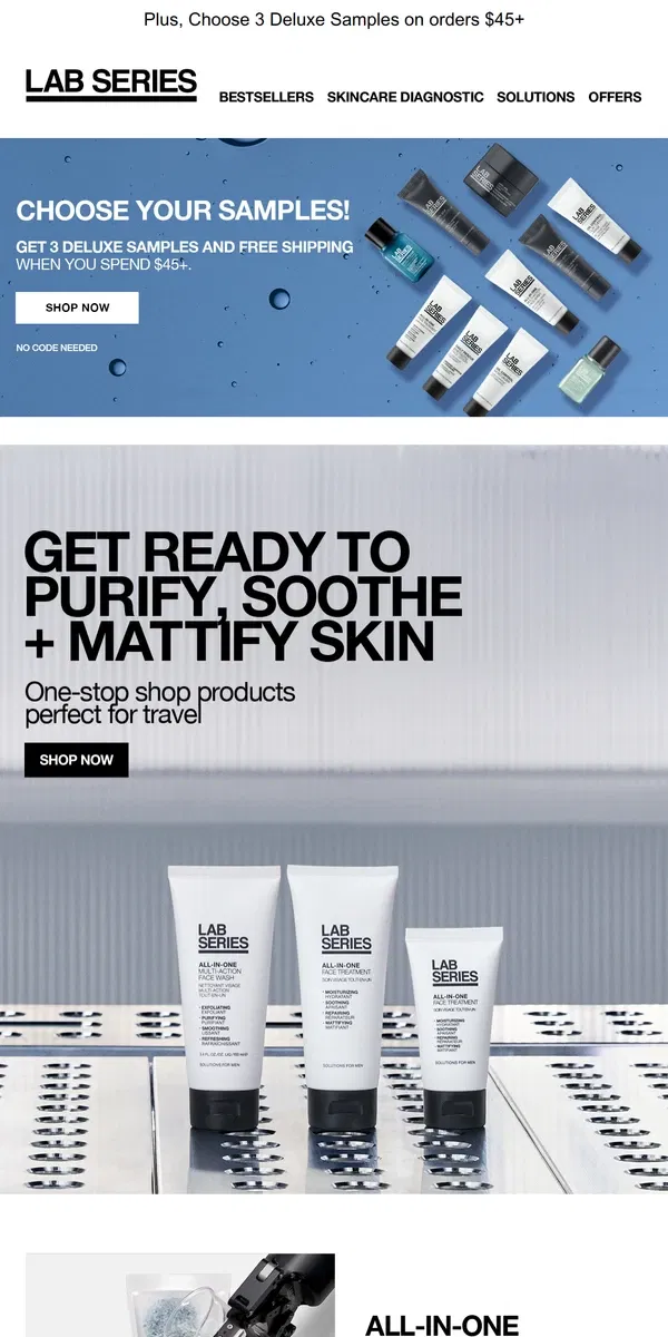 Email from Lab Series. All-In-One to purify, soothe + mattify skin