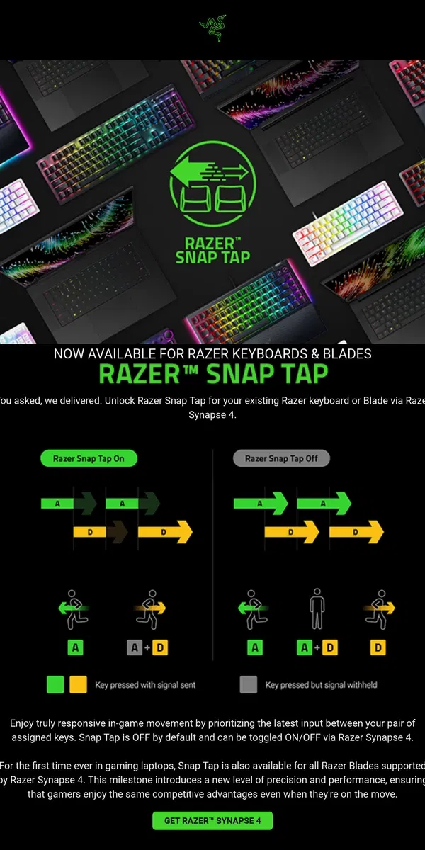 Email from Razer. ⌨Razer™ Snap Tap: Now available for Razer Keyboards & Blades