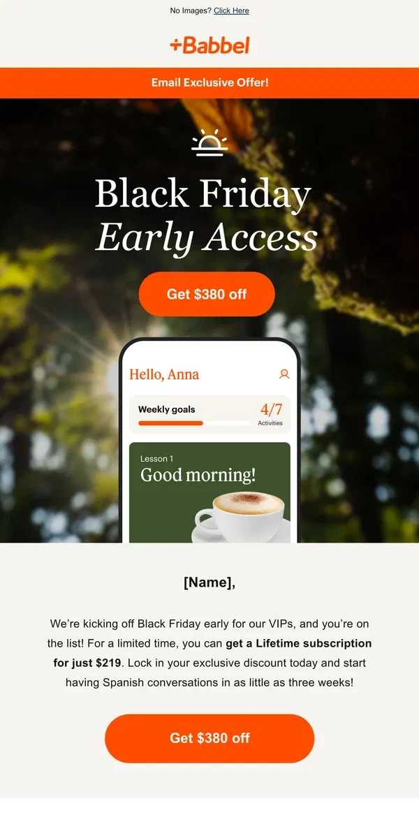 Email from Babbel. 🚀 Babbel Black Friday Early Access: Lifetime is $219