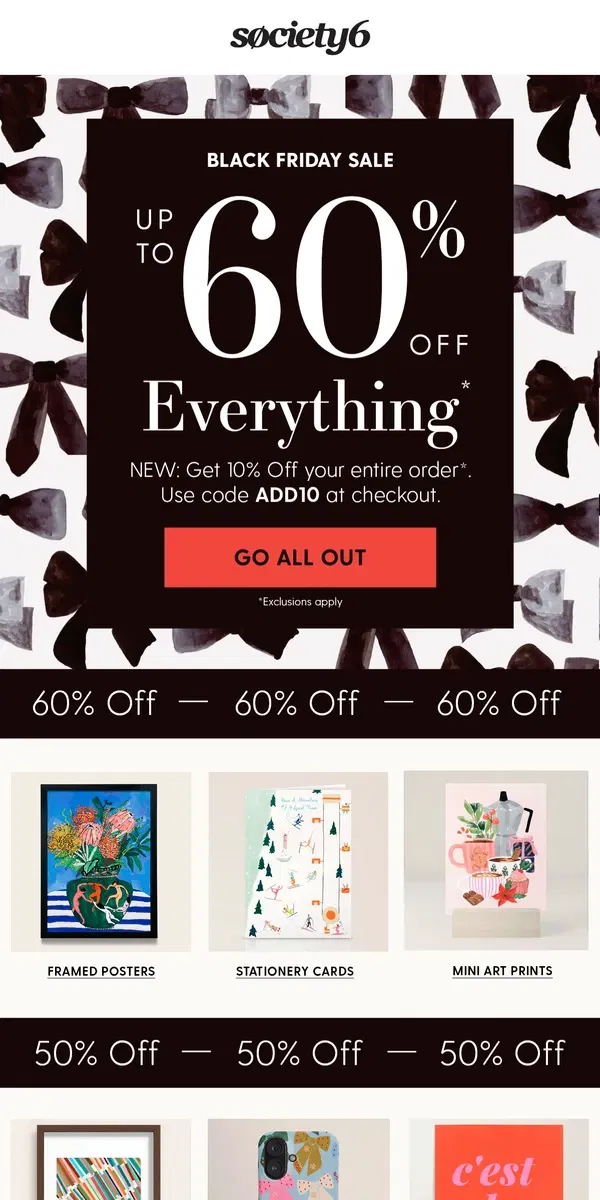 Email from Society6. Save BIG: Up to 60% Off + Extra 10% Off