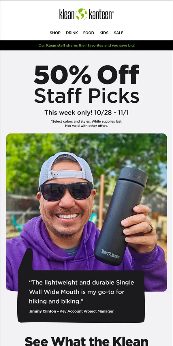 Email from Klean Kanteen. 50% off Staff Picks! This week only.