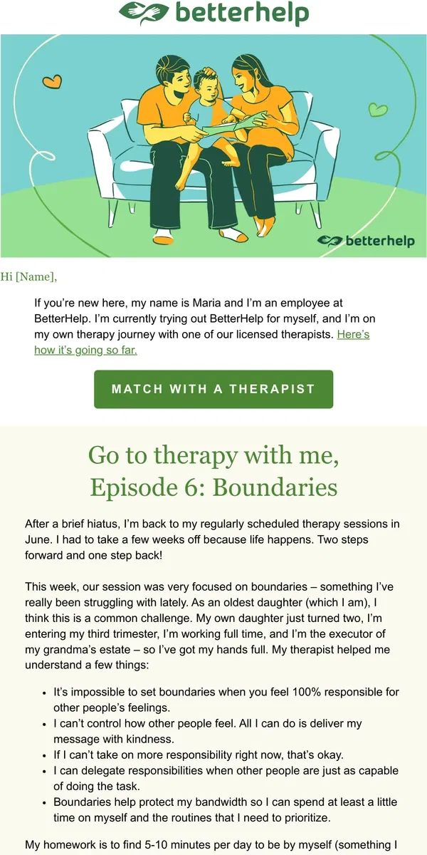 Email from BetterHelp. 5 lessons on boundaries